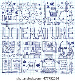 Literature hand drawn vector illustration with doodle icons, images and objects, isolated on exercise book sheet.