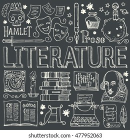 Literature hand drawn vector illustration with doodle icons, images and objects, isolated on blackboard.