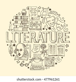 Literature Hand Drawn Vector Illustration With Doodle Icons, Images And Objects Arranged In A Circle