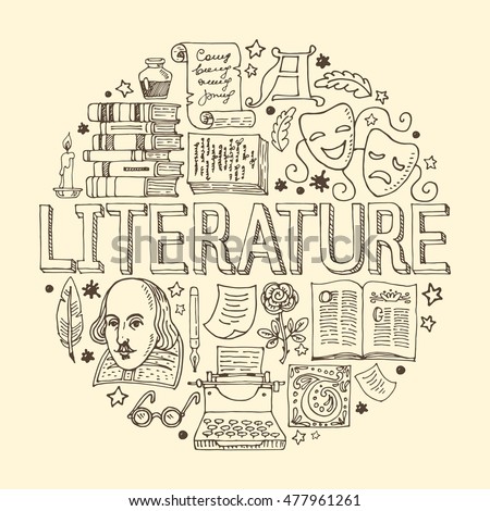 Literature hand drawn vector illustration with doodle icons, images and objects arranged in a circle