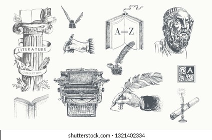 Conjunto de vectores dibujados a mano de literatura. Inkwell, herramientas de escritura, plumas, libros, manuscritos antiguos, máquina de escribir, columna antigua y busto. Símbolos literarios. Grabado