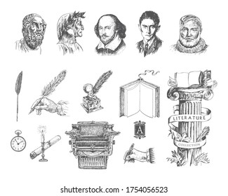 Literature hand drawn vector set. Portraits of the famous writers and poets. Inkwell, writing tools, pens, books, ancient manuscripts, typewriter, antique column. Literature Engraving style