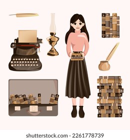 Conjunto de vector dibujado a mano de literatura. Inkwell, herramientas de escritura, bolígrafos, libros, manuscritos antiguos, máquina de escribir, columna antigua. Símbolos literarios.