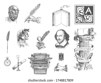 Literature hand drawn vintage vector set. Inkwell, writing tools, pens, books, ancient manuscripts, typewriter, antique column. Literature symbols. Engraving style