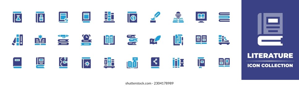 Literature icon collection. Duotone color. Vector illustration. Containing book, literature, computer, books, open book, library, spellbook, reading, science, knowledge. 