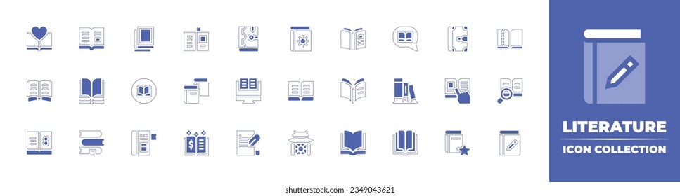 Literature icon collection. Duotone style line stroke and bold. Vector illustration. Containing book, books, spellbook, open, library, ancient, learning, ebook, reading, search, learn, and more.