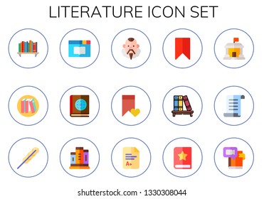 literature icon set. 15 flat literature icons.  Collection Of - bookshelf, library, book, cervantes, bookmark, papyrus, feather pen, books, exam, tale