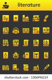 literature icon set. 26 filled literature icons.  Simple modern icons about  - Story, Books, Book, Inkwell, Audiobook, Bookshelf, Papyrus, Phone book, Cervantes, Feather pen