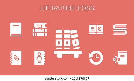 literature icon set. 9 filled literature icons.  Simple modern icons such as: Bookshelf, Phone book, Books, Book, History