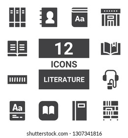 literature icon set. Collection of 12 filled literature icons included Bookcase, Book, Ibooks, Vocabulary, Audio guide, Book shelf, Phone book, Library, Books, Dictionary