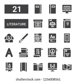literature icon set. Collection of 21 filled literature icons included Book, Reading mode, Bookmark, Science book, Papyrus, Vocabulary, Ebook, Bookcase, Ink pen, Shakespeare, Library