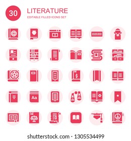 literature icon set. Collection of 30 filled literature icons included Book, Book shelf, Ebook, Bookcase, Papyrus, Bookmark, Dictionary, Judging, Judge, Bookshelf, Ibooks