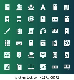 literature icon set. Collection of 36 filled literature icons included Book, Book shelf, Audiobook, Ebook, Reading mode, Science book, Bookshelf, Dictionary, Books, Bookmark, Judging