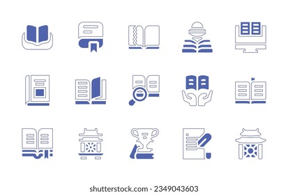 Literature icon set. Duotone style line stroke and bold. Vector illustration. Containing book, open, literature, ebook, reading, search, literacy, read, temple.