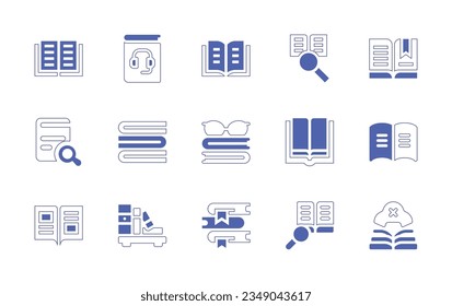 Literature icon set. Duotone style line stroke and bold. Vector illustration. Containing book, headphones, search, books, open, library, literature.