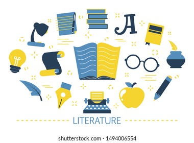 Literature icon set. Idea of knowledge and education. Study with a book. Set of colorful icons. Isolated flat illustration