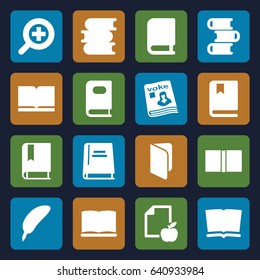 Literature icons set. set of 16 literature filled icons such as book, paper and apple, magazine, zoom in