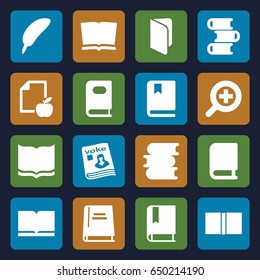 Literature icons set. set of 16 literature filled icons such as book, paper and apple, magazine, zoom in