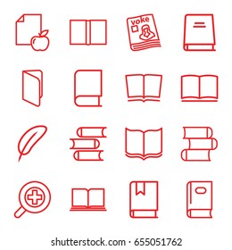 Literature icons set. set of 16 literature outline icons such as book, paper and apple, magazine, zoom in