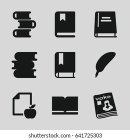 Literature icons set. set of 9 literature filled icons such as book, paper and apple, magazine