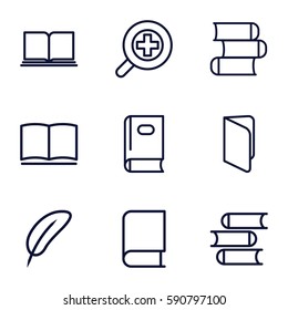 literature icons set. Set of 9 literature outline icons such as book, zoom in