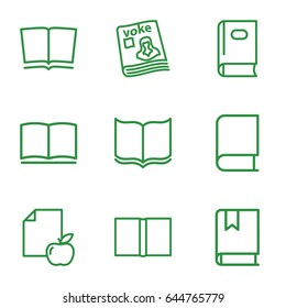 Literature icons set. set of 9 literature outline icons such as book, paper and apple