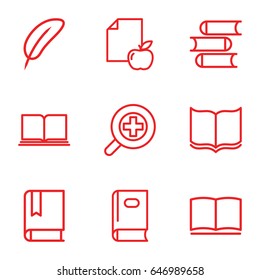 Literature icons set. set of 9 literature outline icons such as book, paper and apple, zoom in