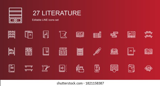 literature icons set. Collection of literature with book, ink pen, audiobook, bookshelf, open book, quill, books, catalogue, science book. Editable and scalable literature icons.