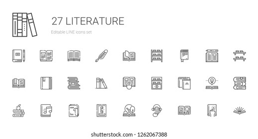 literature icons set. Collection of literature with open book, audio guide, phone book, catalogue, audiobook, books, bookshelf, book, library. Editable and scalable literature icons.