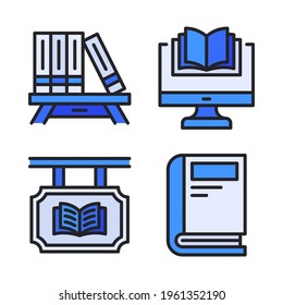 Literature icons set (Filled Line) = book shelf, ebook, signage store, book. Perfect for website mobile app, app icons, presentation, illustration and any other projects.