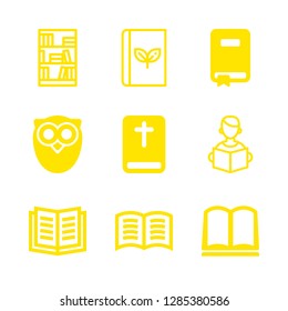 literature icons set with opened book, library bookcase and student reading vector set