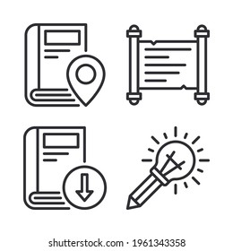 Literature icons set pin book, manuscript, download book, pencil lamp . Perfect for website mobile app, app icons, presentation, illustration and any other projects.