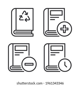 Los iconos de la literatura configuran el libro de reciclaje, agregan libro, borrar libro, tiempo. Perfecto para aplicaciones móviles de sitios web, iconos de aplicaciones, presentación, ilustración y cualquier otro proyecto.