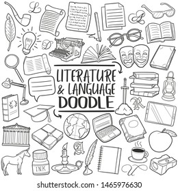 Literature and Language School. Traditional Doodle Icons. Sketch Hand Made Design Vector.