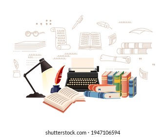 Literature lesson courses online education concept or school lesson vector illustration on white background