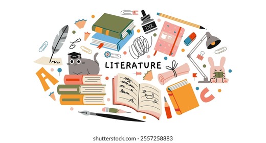 Literature lesson at school, reading and writing concept. Oval art with stacks of books, notebook, pencil, fountain pen,lamp and cute characters. Vector isolated illustration, hand drawn, flat