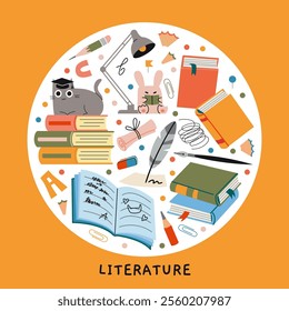 Literature lesson at school, reading and writing concept. Round art with stacks of books, notebook, pencil, fountain pen,lamp and cute characters. Vector isolated illustration, hand drawn, flat