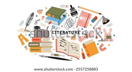 Literature lesson at school, reading and writing concept. Oval art with stacks of books, notebook, pencil, fountain pen,lamp and cute characters. Vector isolated illustration, hand drawn, flat