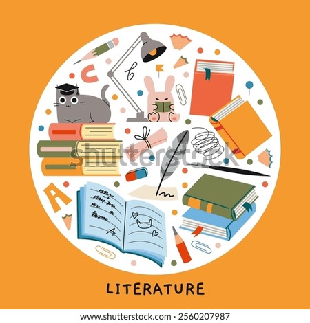 Literature lesson at school, reading and writing concept. Round art with stacks of books, notebook, pencil, fountain pen,lamp and cute characters. Vector isolated illustration, hand drawn, flat