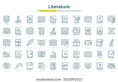 Pacote de ícone de linha de literatura. Conjunto de ícones Traçado de Literatura. Ícone Traçado editável
