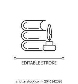 Literature linear icon. Writing, reading books. Pile of books, quill, ink pot. Literature lessons. Thin line customizable illustration. Contour symbol. Vector isolated outline drawing. Editable stroke