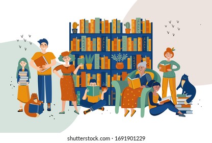 Literature lovers and literary fans. People read books. Book lovers, readers, modern literature fans. People in the library among the bookcases. Smart cat with a book. Flat cartoon vector illustration