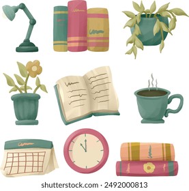 Literature object collection with books, flower, clock, calendar, coffee, lamp