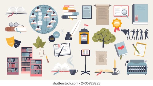 Literature object collection with books or reading tiny person collection. Set with library, school, education and knowledge elements vector illustration. Bookshelf with hardcover materials for study