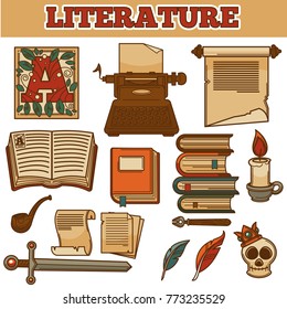 Literature old vintage books and writer quill ink pen typewriter vector icons