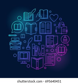 Literature outline colorful illustration - vector books reading or education round concept sign on dark background