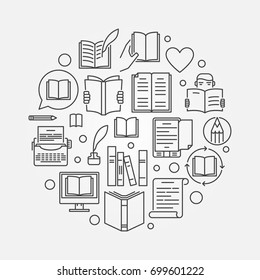 Literature Outline Illustration. Vector Books Reading Or Education Round Concept Sign In Thin Line Style