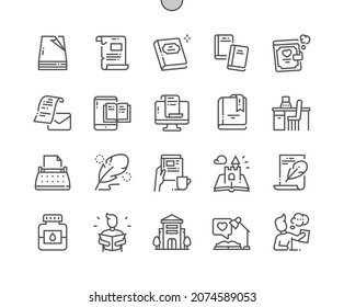 Literature. Paper, letter, scroll, book and diary. Novel, manuscript and story. Favourite literature. Library. Pixel Perfect Vector Thin Line Icons. Simple Minimal Pictogram