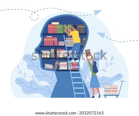 Literature for personal development concept. Man stands puts useful information in form of books into silhouette of head. Knowledge and education. Cartoon flat vector illustration on white background