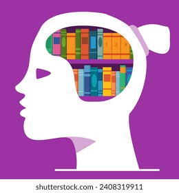Literature for personal development.Books library in head shape.Young female while reading book.Young female while reading book.Education and getting knowledge.Put book in head.Book shelf of head.